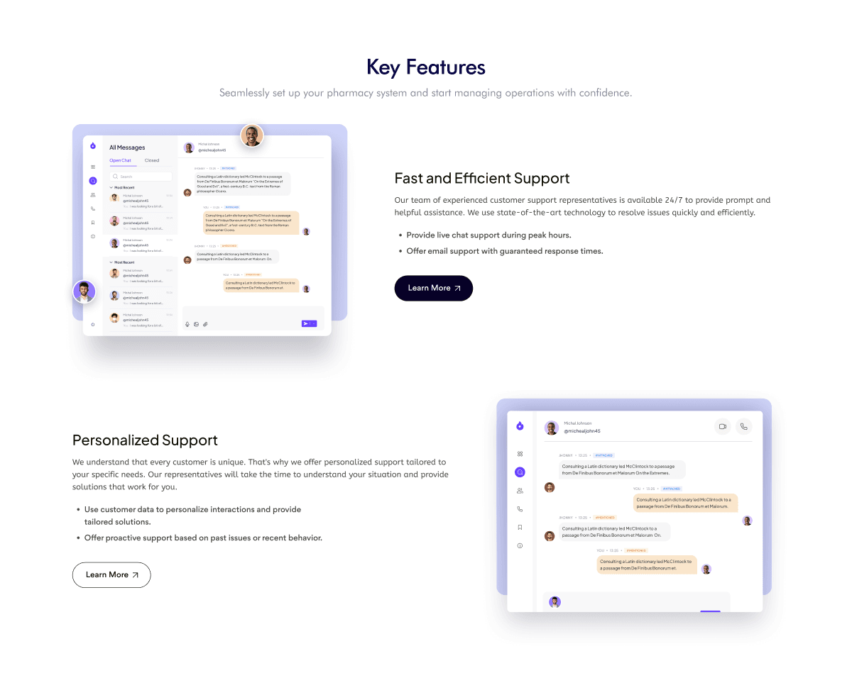 Key Features — seamless pharmacy setup, messaging, and operations